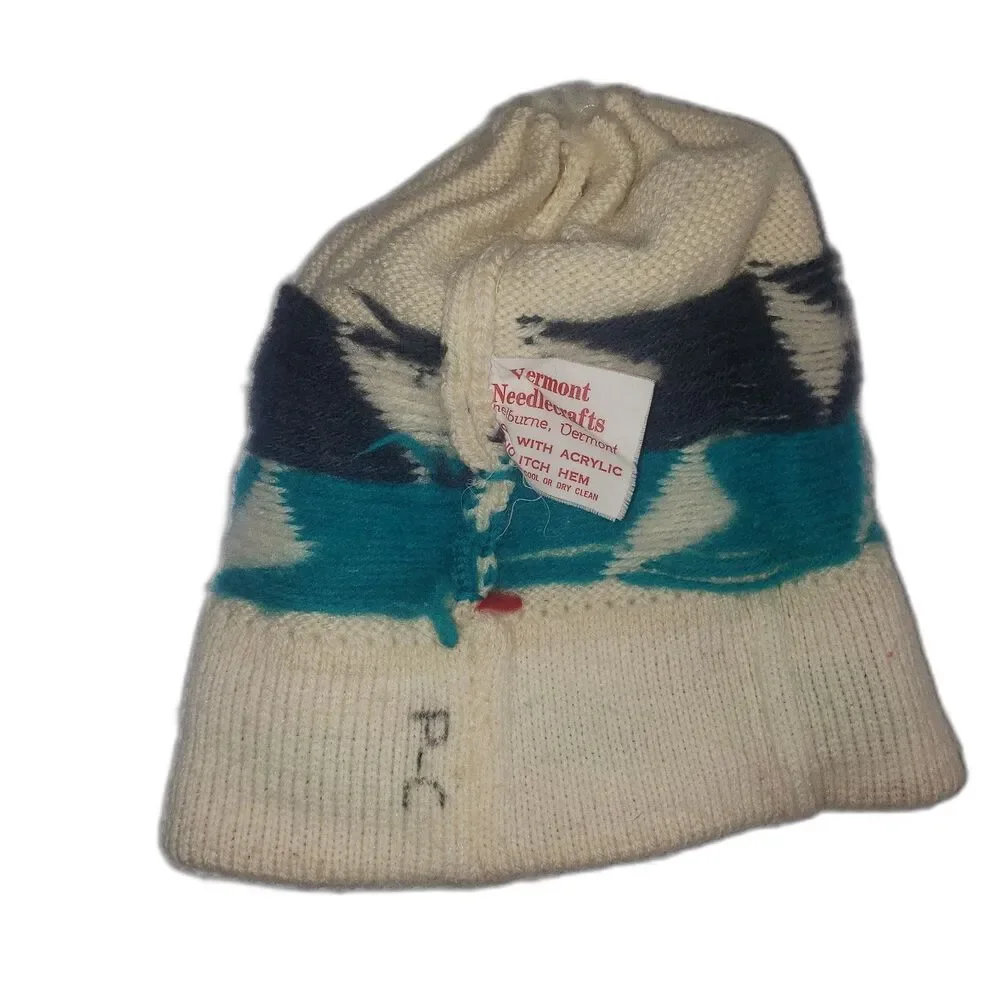 Vermont Needlecrafts Vintage Winter Wool Beanie Hat Ivory with Geometric Print